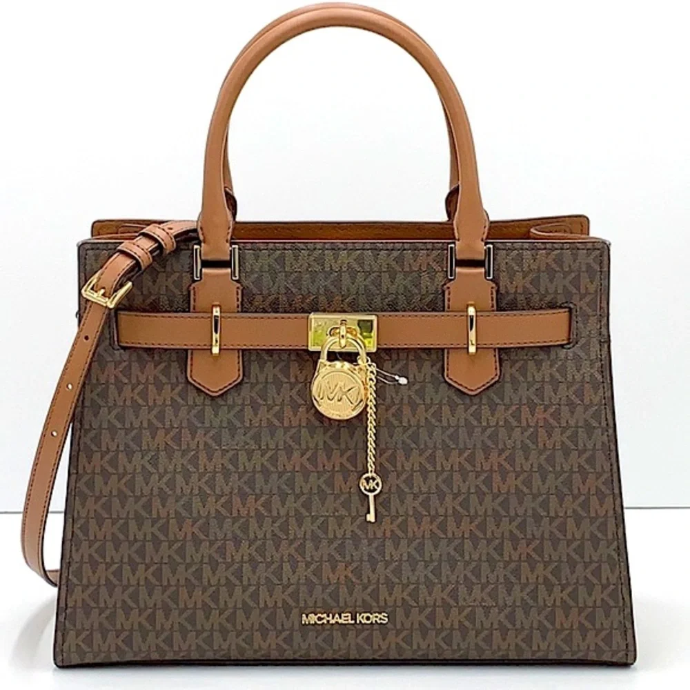 Michael Kors Hamilton Med Satchel Shoulder Crossbody Bag luggage/Brown Signature - Picture 2 of 16